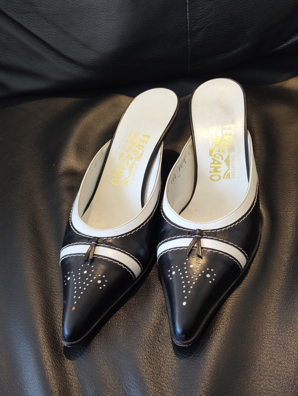 Salvatore Ferragamo Black and White Pointed Leather Mule Slides